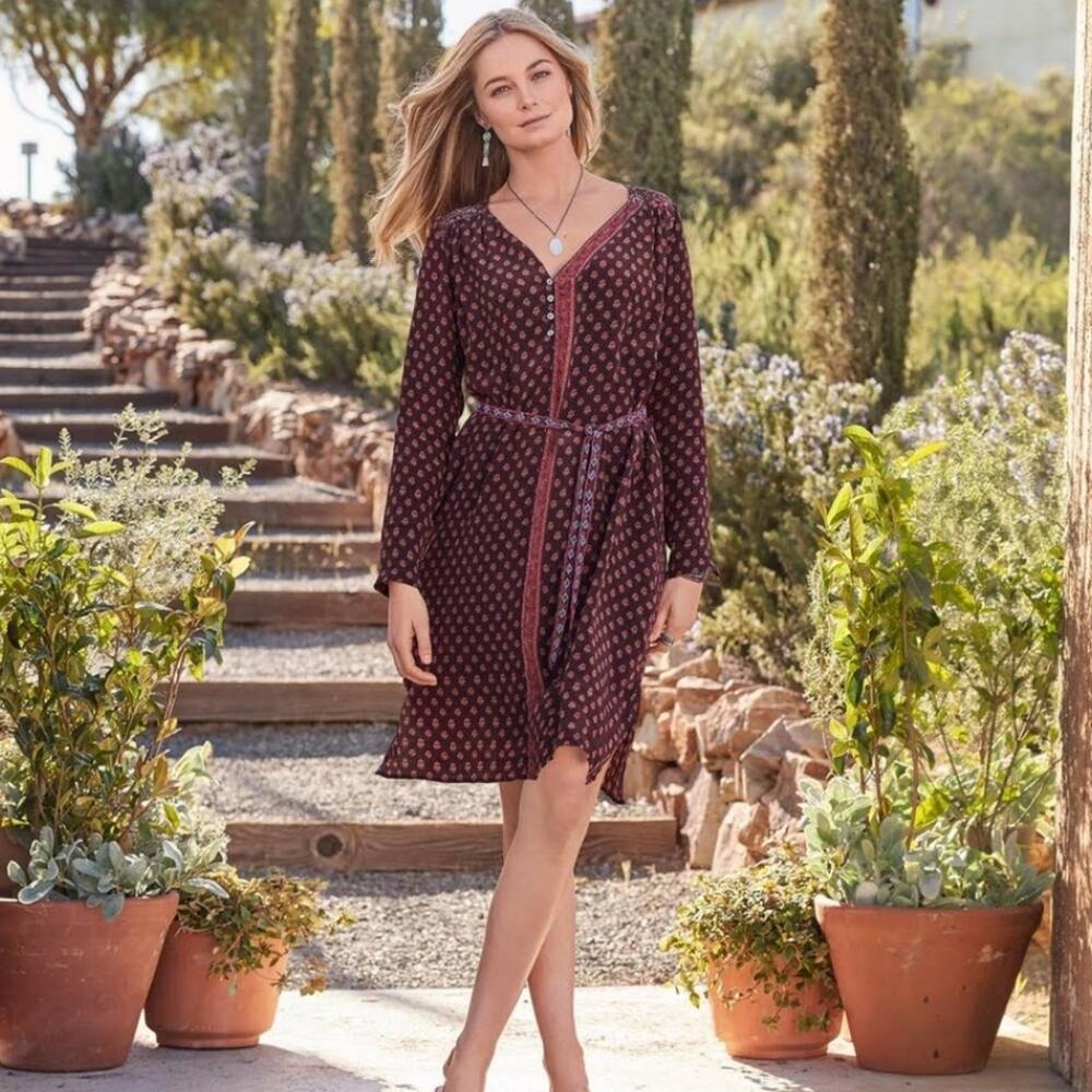 SUNDANCE Ali Mixed Media Printed Shift Dress Brown Fall Size PS Petite Small
